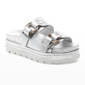 NEW IN BOX J/SLIDES BAHA Silver Leather Double-Buckle Slide Sandals